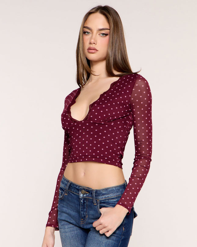 Dot Crush Polka Dot Lace Trim V Neck Crop Top