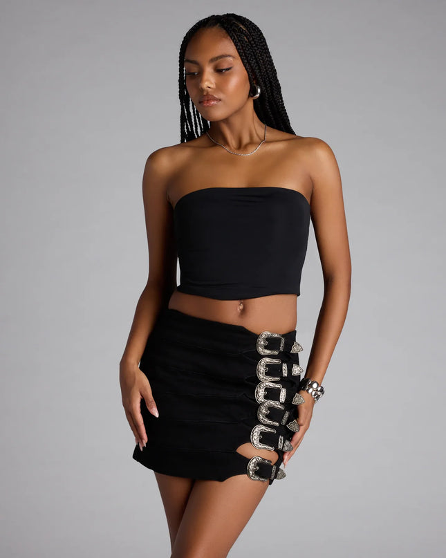 Buckle Down High-Rise Denim Skort