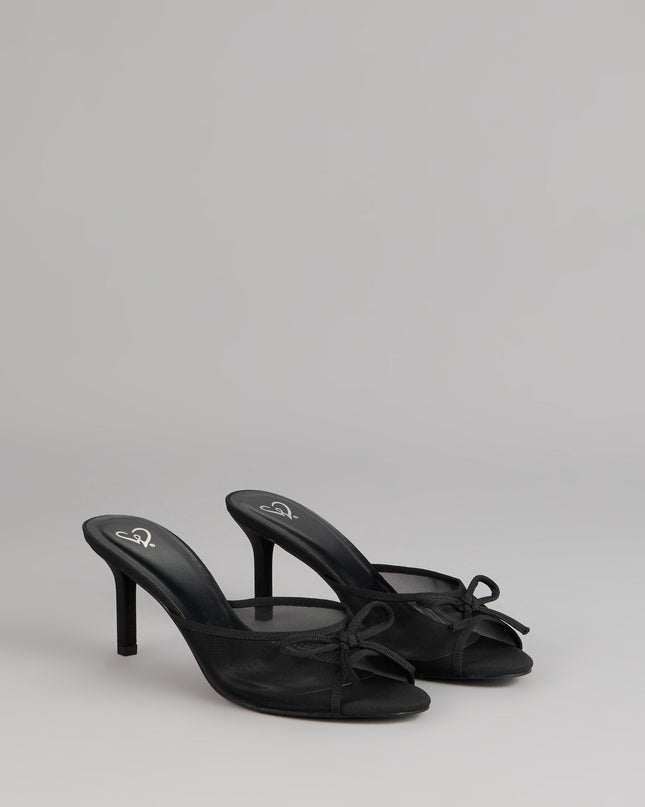 Polished Sweet Bow Detail Mesh Mule Heels
